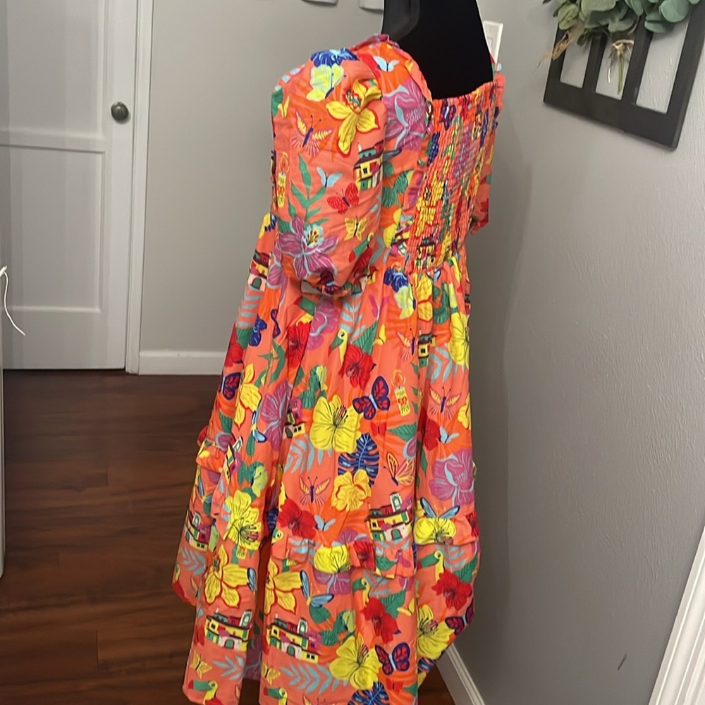 Disney Bright Orange Floral & Butterfly Midi Dress with Puff Sleeves - Picture 3 of 13